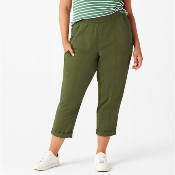 T by Tablots Womens Crop Pants Cuffed Green Lightweight Elastic Waist Petite LP - Picture 1 of 12